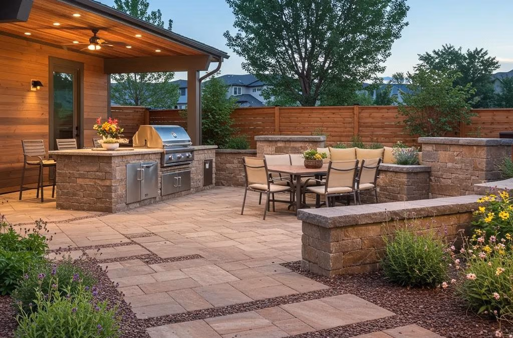 Modern hardscaped garden in Utah featuring a patio with permeable pavers, outdoor kitchen with grill, dining area, and native plants, showcasing contemporary landscaping trends.