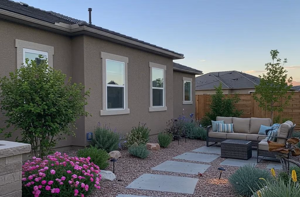 Vibrant landscaped yard in Spanish Fork featuring drought-tolerant plants, cozy seating area, and stone pathway, ideal for low-maintenance outdoor living.