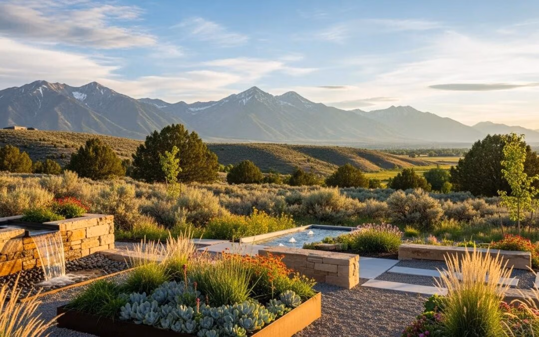 Modern landscaping design featuring native plants, water features, and hardscaping elements set against a scenic mountain backdrop in Utah County.