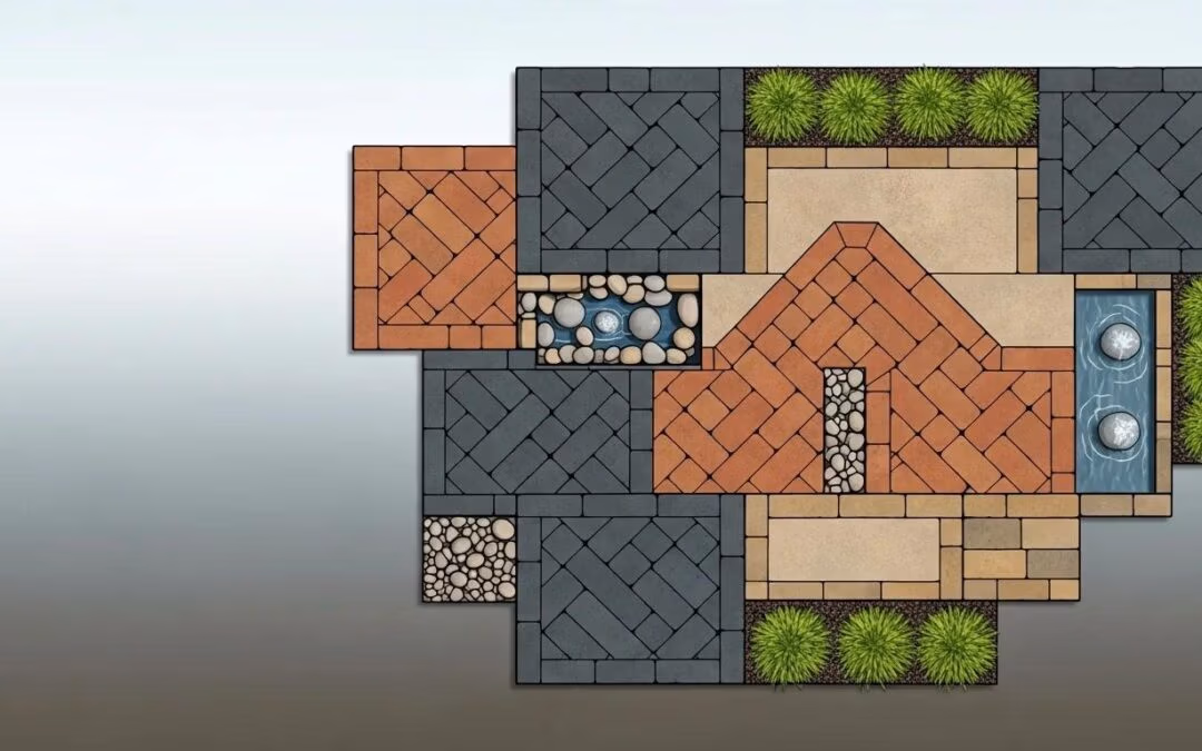 Paver layout design featuring various materials including brick, stone, and grass, illustrating hardscaping options for outdoor spaces in Spanish Fork.