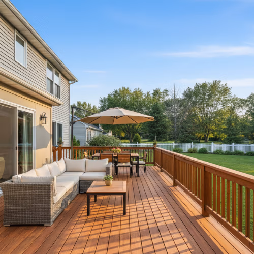 Outdoor deck with a shaded seating area, stylish furniture, and a view of a green yard, showcasing durable materials suited for Mapleton landscaping.