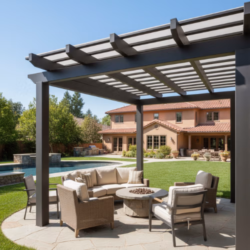 Outdoor pergola with seating area, surrounded by green lawn and residential backdrop, showcasing durable design ideal for Mapleton homeowners seeking stylish and functional landscaping solutions.